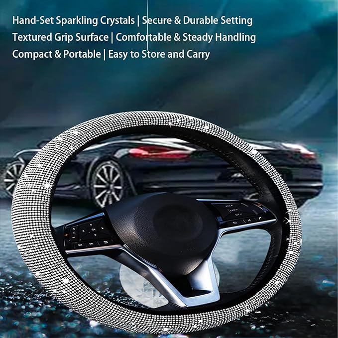 Bling Diamond Steering Wheel Cover, Universal Fit 14.5-15 Inch, Elastic No Inner Ring, All Season Car Decor(Green)