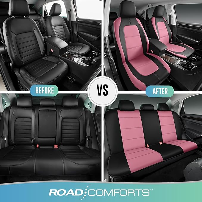 Road Comforts Car Seat Cover, Leather Car Seat Cover Full Set, Automotive Seat Covers, Airbag Compatible Universal Fit for Most Cars (Pink)