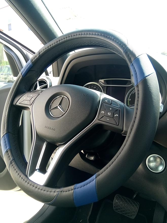 Jdragon Black & Blue PU Leather Best Grip Slip-On Steering Wheel Cover 14.25-15" Diameter