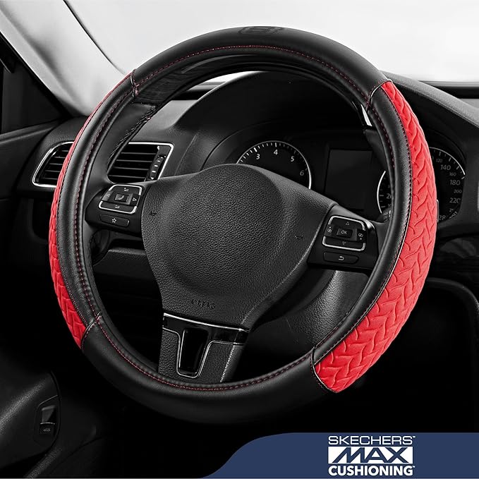 Skechers Steering Wheel Cover,Max Cushioning Leather Steering Wheel Cover Universal Fit 14" 1/2-15" Car Wheel Protector for Men Women Fit Suvs,Vans,Sedans,Car,Trucks,Red