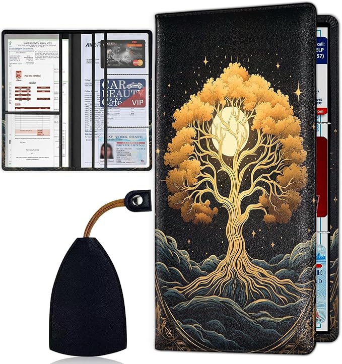 Car Document Holder with Magnetic Shut, Car Registration & Insurance Card Holder, Waterproof PU Leather Glove Box Organizer Vehicle Accessories Driver License for Women/Men, Tree of Life Pattern