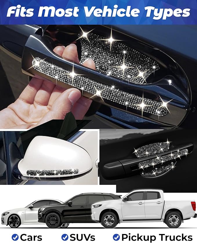 Bling Car Door Handle Protector, 10 PCS, Black Sparkling Rhinestone Cars Door Protective Cover, Anti-Scratch Auto Handles Sticker, Universal Bling Car Accessories for Women