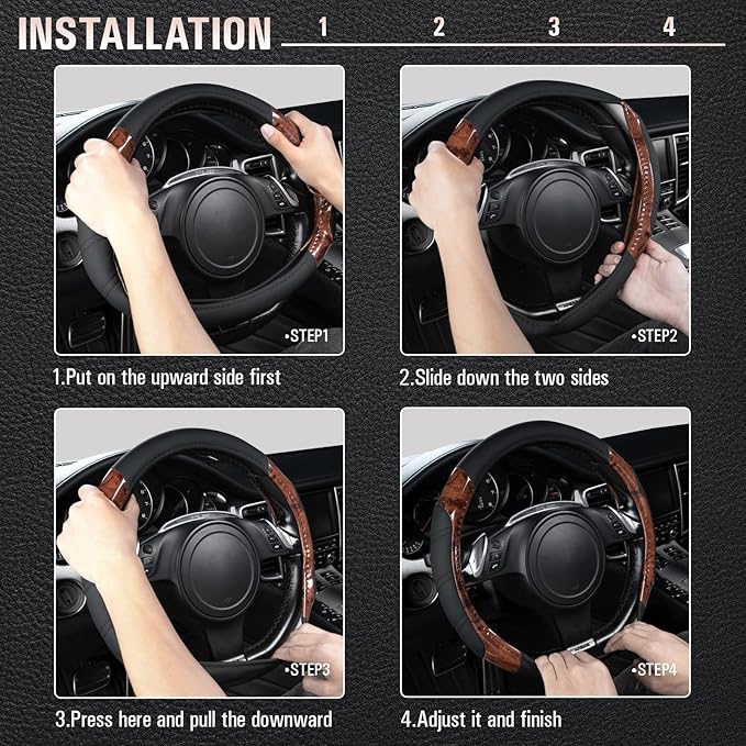 CAR PASS Wood Grain Microfiber Leather Sporty 14.5-15 inch Steering Wheel Cover Universal Fits for 95% Truck,SUV,Cars, Anti-Slip Safety Comfortable Design (Black Wood Grain)