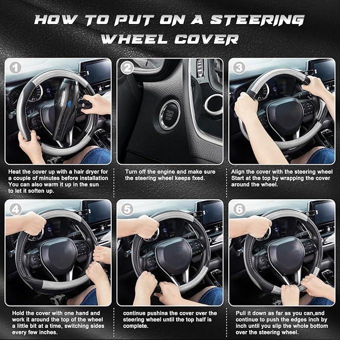 SEG Direct Steering Wheel Cover for Car, Standard Size 14.5-15 inch, Auto Interior Accessories, Black with Sliver Carbon Fiber Pattern