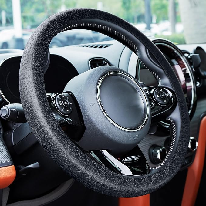 Spurtar Car Steering Wheel Cover for Women Men Car Accessories, Silicone Anti-Slip Thin Steering Wheel Protector, Black Soft Leather Texture Interior Vehicle Accessories, Fit Diamenter 15" - 16.5"