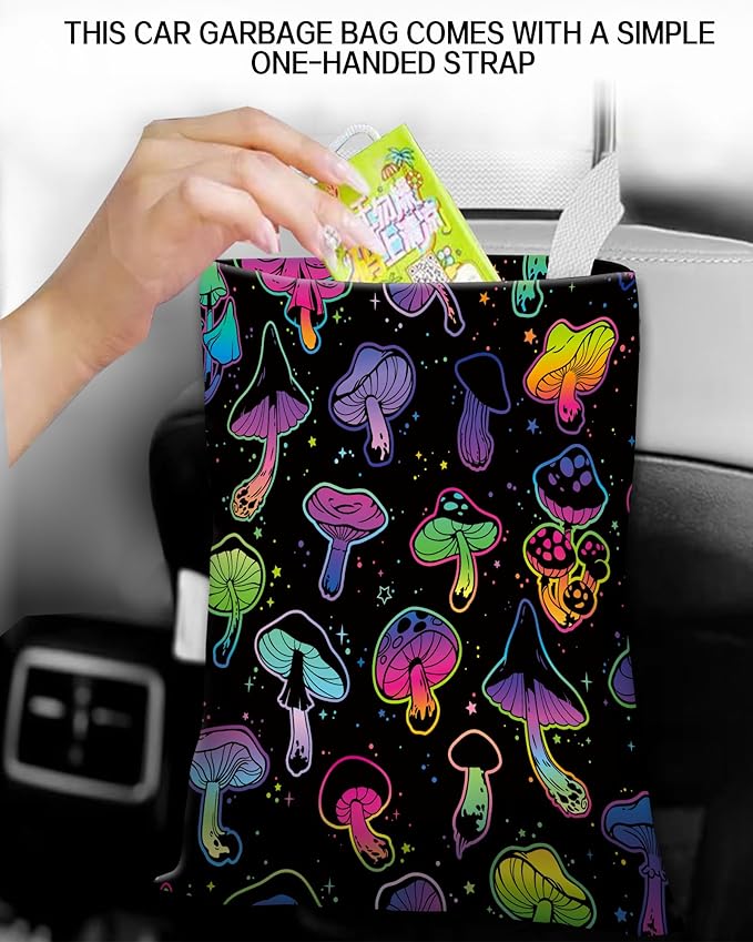 ANKVRP Car Garbage Can, Hanging Car Trash Can Bag for Vehicle, Travelling, Camping, Cute Car Back Seat Organizer, Luxury Purple Mushrooms