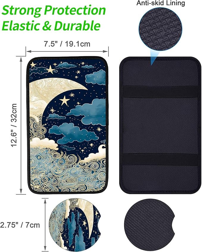 JANENFNA Car Armrest Cover Pads Universal Fashion Cute Auto Center Console Armrest Cover Pad with 2PCS Car Coasters Soft Waterproof Car Armrest Seat Protector for Women,Blue Gold Moon Stars