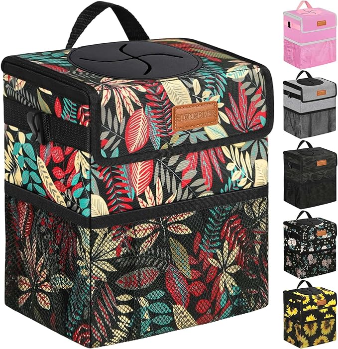 Car Trash Can Bin for Back Seat Leak Proof, Cute Car Trash Bag Hanging, Vehicle Trash Can for SUV Truck Van, Automotive Garbage Cans Front Seat Red Leaves, 2 Gallons