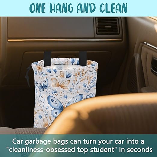 KXWQTRDD Car Garbage Bag Watercolor Blue Butterfly Hanging Canvas Car Trash Bag Drawstring Car Back Seat Organizer for Car Back Front Seat Console with Adjustable Buckle