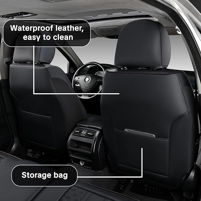 Wertigen Black Leather Car Seat Covers - Luxury Waterproof Car Seat Covers with Lumbar Support, Non-Slip Base, and Airbag Compatibility; Suitable for Sedans, Suvs, and Pickups.