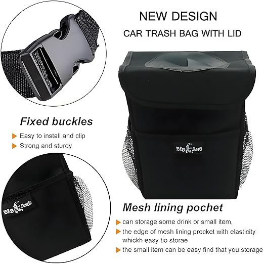 Big Ant Car Trash Can Bag with Lid - Leak-Proof, Garbage Bag For Car, Portable Storage Pockets for Travel & Family Car Accessories (Waterproof Design)*