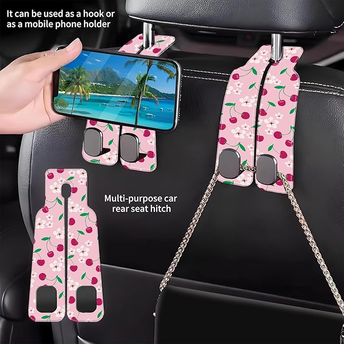 AEWNUNK Car Headrest Purse Hanger Cute Floral and Pink Cherries 1 Pack Bag Purse Holder for Car Premium Leather Double Metal Hook for Handbags, Grocery Bags and Phones
