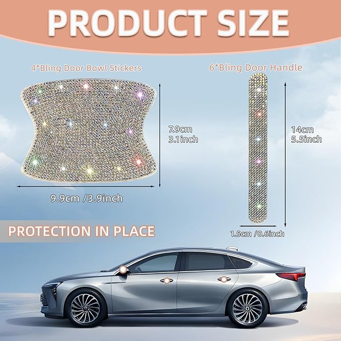 10 pcs Bling Diamond Car Door Handle Stickers, Bling Car Accessories for Women, Universal Rhinestone Crystal Glitter Door Handle Protector Stickers and Decals, Scratch Safety Reflective (Colorful)