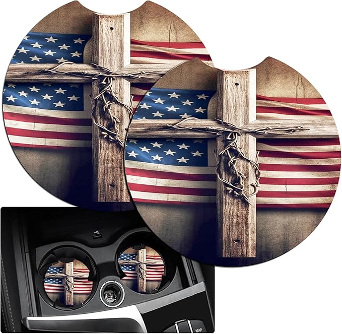 JANENFNA Car Armrest Cover Pads Universal Fashion Cute Auto Center Console Armrest Cover Pad with 2PCS Car Coasters Soft Waterproof Car Armrest Seat Protector for Women,Wooden Cross Flag