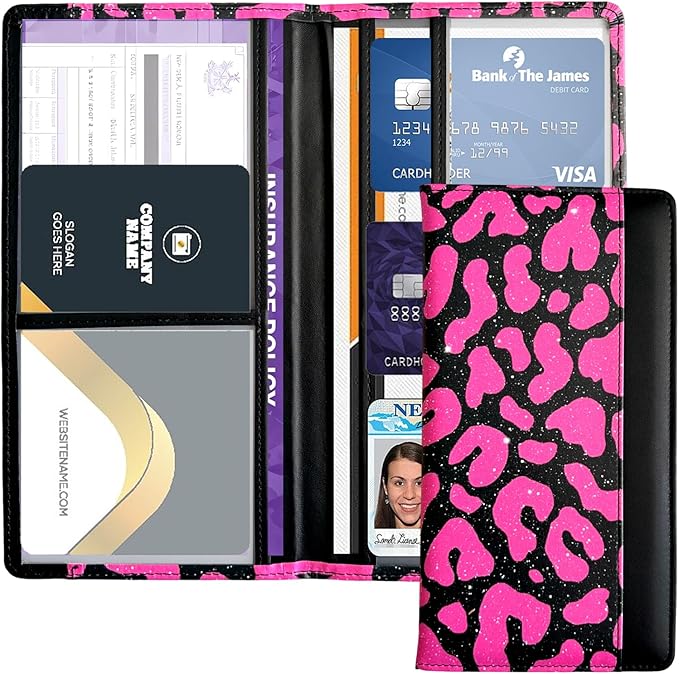 FinestHouse Car Registration and Insurance Holder with Magnetic Closure, Universal Document Organizer for License, Insurance Cards & Glove Box Storage (Leopard-Glitter Hot Pink)