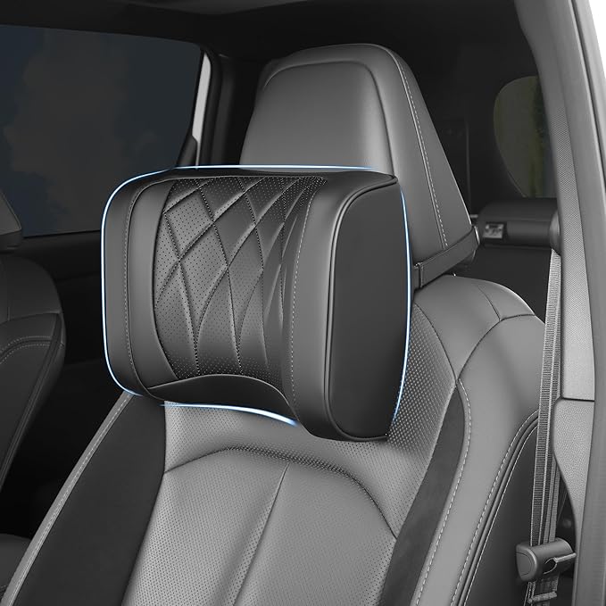 Dapucarin Car Headrest Pillow U-Shaped, Memory Foam Head Neck Support Cushion for Driving, Leather Head Rest Travel Pillows for Sleeping, Breathable Removable Cover, Black, 1 Pack