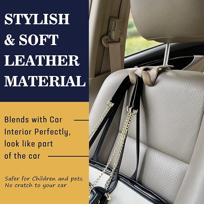 TISOHUGO Upgraded Headrest Hooks for Purses and Bags, 2 in 1 Car Back Seat Head Rest Hanger Matching Cars Interior Genuine Leather Vehicle Storage Holder Hook, 2 Pack, Beige