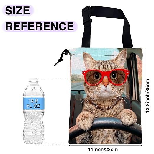Car Trash Bag Cat Driving Car Car Garbage Bag Waterproof Car Trash Can for Back Seat with Adjustable Straps and Drawstring, Foldable Car Trash Bin for Car Accessories Vehicle Travelling Camping