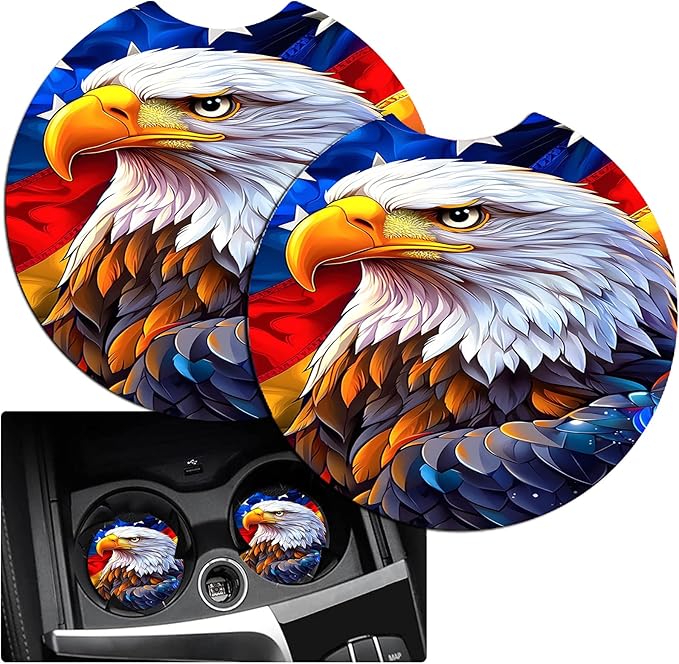 JANENFNA Car Armrest Cover Pads Universal Fashion Cute Auto Center Console Armrest Cover Pad with 2PCS Car Coasters Soft Waterproof Car Armrest Seat Protector for Women,Flag Eagle a