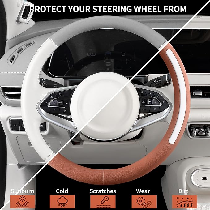 Steering Wheel Cover, Universal 15 inch, Faux Leather Steering Wheel Protector, Anti-Slip, Breathable & Heating-Compatible for Cars Trucks SUVs Vans