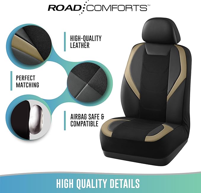 Road Comforts Car Seat Cover, Leather Mesh Front Seat Cover, Universal Fit for Most Cars, SUVs, Trucks, and Vans, Airbag Compatible - Beige