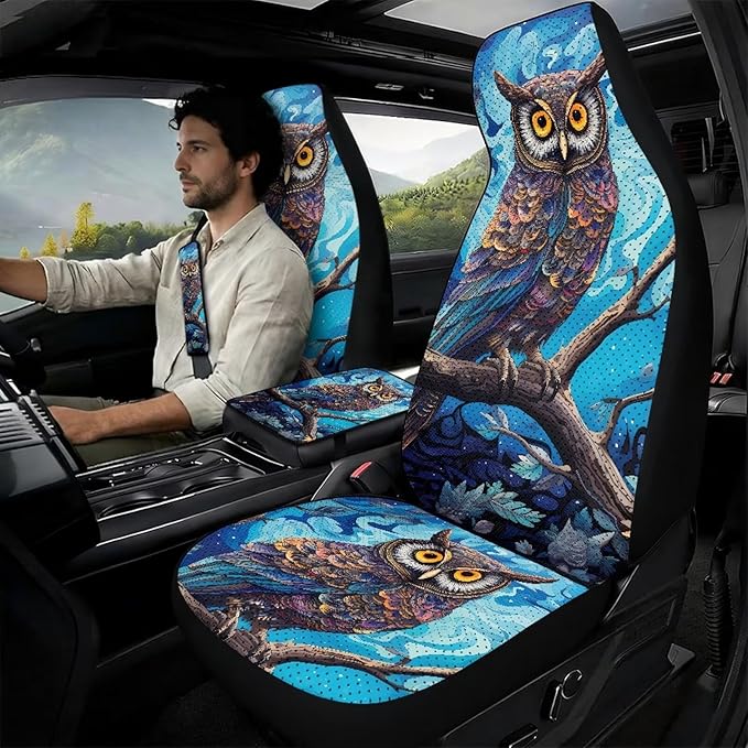 Qeluxign Owl 5-Piece Car Accessories Set Universal Fit PU Leather Seat Covers Seatbelt Pads and Armrest Cover for Cars, Trucks, SUVs