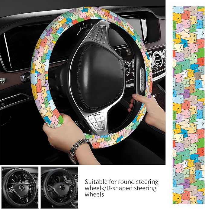 Steering Wheel Covers for Car, Truck, and SUV, Cute Non-Slip Breathable Elastic Steering Wheel, Car Accessories, Universal 15 Inch Leather Cover for Men Women Cute Colorful Cats