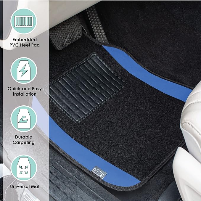 FH Group Automotive Floor Mats – Universal Fit Premium Carpet Car Mats with Driver Heel Pad, Full Set for Cars, SUVs & Trucks - Blue