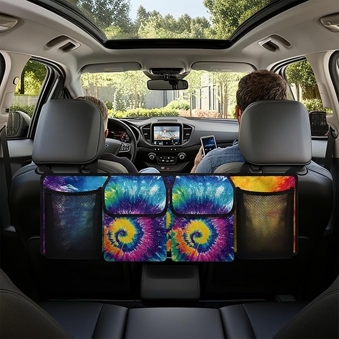 CLOHOMIN Rainbow Tie Dye Car Trunk Organizer Hanging Back Seat Storage Bag with 4 Pockets Large Capacity Trunk Organizer for SUV Truck Sedan Car Interior Accessories
