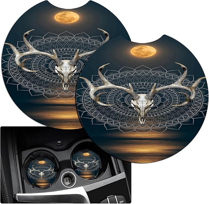 JANENFNA Car Armrest Cover Pads Universal Fashion Cute Auto Center Console Armrest Cover Pad with 2PCS Car Coasters Soft Waterproof Car Armrest Seat Protector for Women,Deer Buck Skull