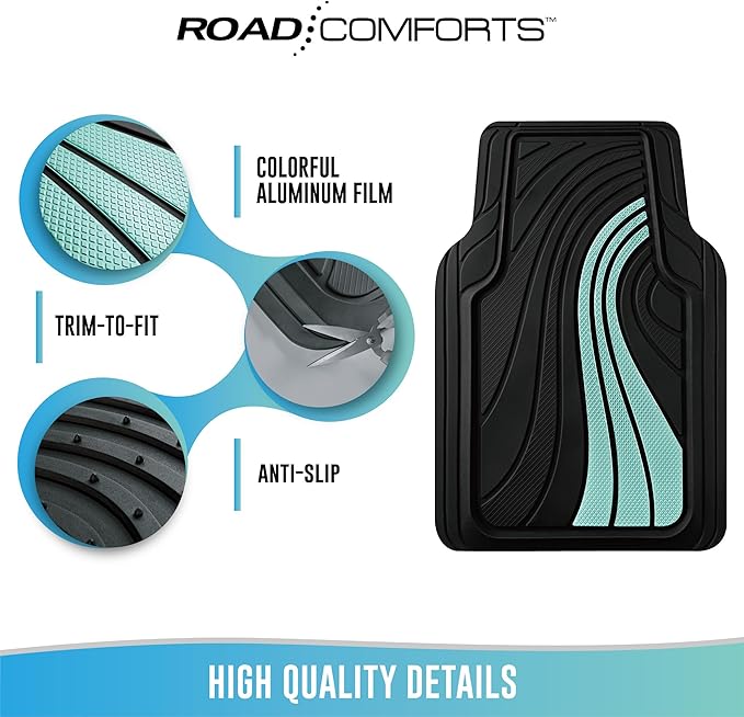 Road Comforts Car Floor Mats Full Set – Front & Rear Car Floor Mats with Aluminum Design, Anti-Slip Backing, All-Weather Protection, Trim-to-Fit Car Mats for Most Sedans, SUVs & Vans - Mint