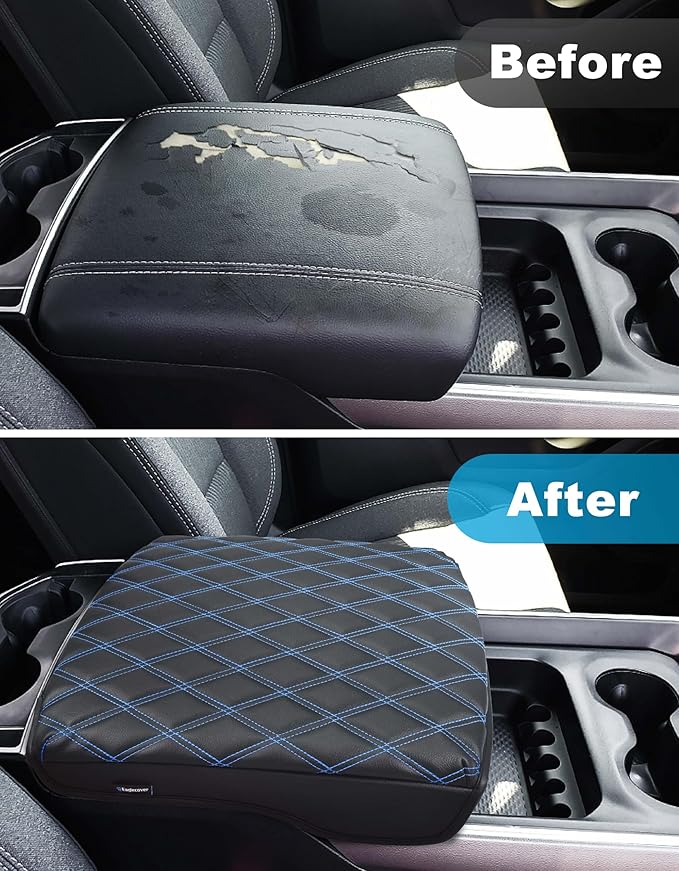 Center Console Cover for Dodge Ram 1500 2019-2026, Bucket Seat, Vinyl Leather Interior Accessories, Car Armrest Cushion Pad, Anti-Scratch, Black-Blue Stitch
