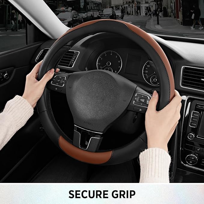 Road Comforts Steering Wheel Cover, Breathable Anti-Slip Leather Steering Wheel Cover, Universal Fit 14.5–15 Inch, Comfortable Grip - Brown Color