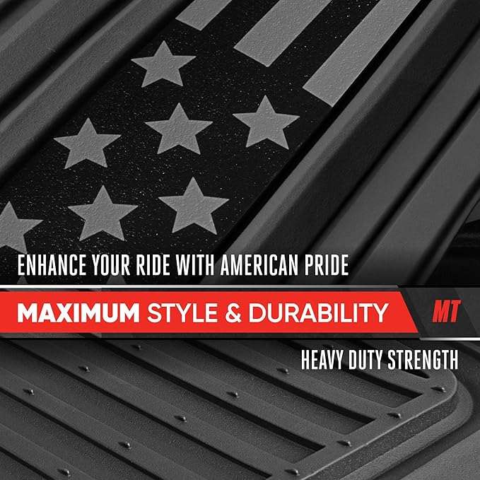 MotorTrend Black Flag Rubber Floor Mats – All Weather Car Mats with American Flag Stars & Stripes Design, Heavy-Duty Automotive Floor Mats for Cars, SUVs & Trucks Black/Grey