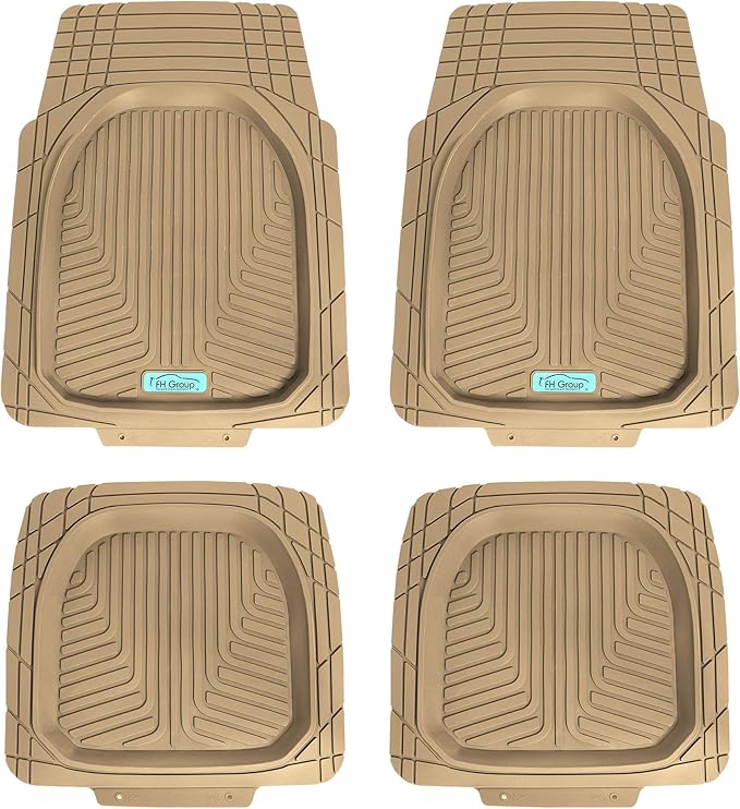 FH Group Universal Fit Heavy Duty Rubber Trimmable Tray Liners Automotive Floor Mats fits Most Cars, SUVs, and Trucks, Full Set Beige