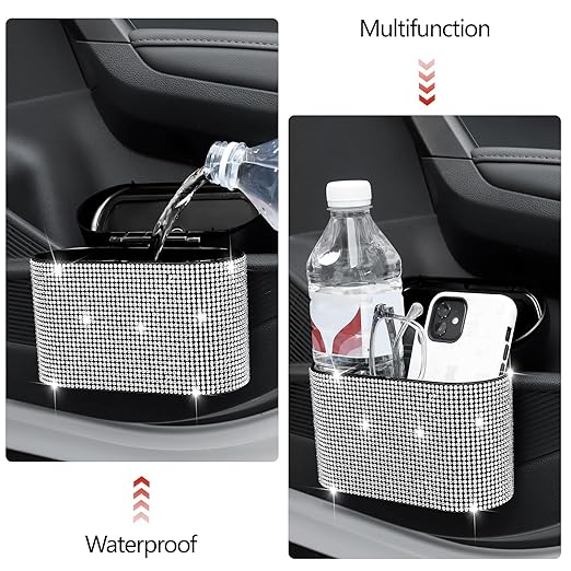 NBTEPEM Bling Car Trash Can with Lid - 2 Pack, Mini Auto Garbage Can with 60 Trash Bags, Automotive Garbage Container Bin, Bling Car Accessories Trash Can for Women (Silver Diamond)