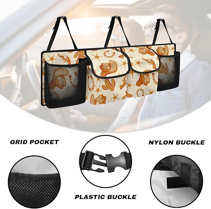 CLOHOMIN Cowboy Car Truck Organizer Cactus Backseat Hanging Organizer Foldable Cargo Storage Bag with 4 Pockets Portable Car Cargo Trunk Storage Organizer Bag