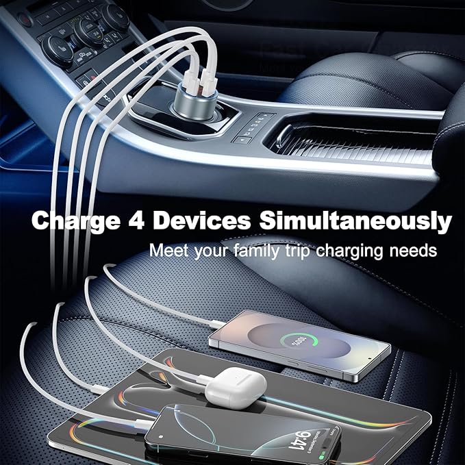 iPhone Fast Car Charger, 65W 4-Port USB C Car Phone Charger Adapter with 2x6FT USB C Cable,Multiport Cigarette Lighter USB Charger with Voltage Display for iPhone 17 16 15 Pro Max,iPad,Samsung,Android