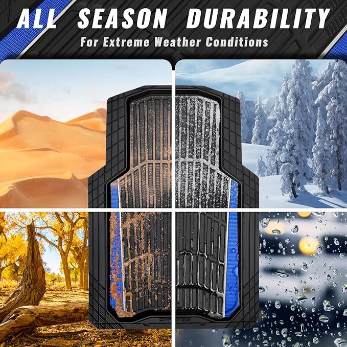 CAR PASS Heavy Duty Rubber Car Floor Mats, Deep Waterproof Car Floor Mats All Weather, Aluminum Film Floor Mats for Cars Non-Slip Universal Trim to Fit for SUVs Trucks Sedans Vans, Black Blue Metallic