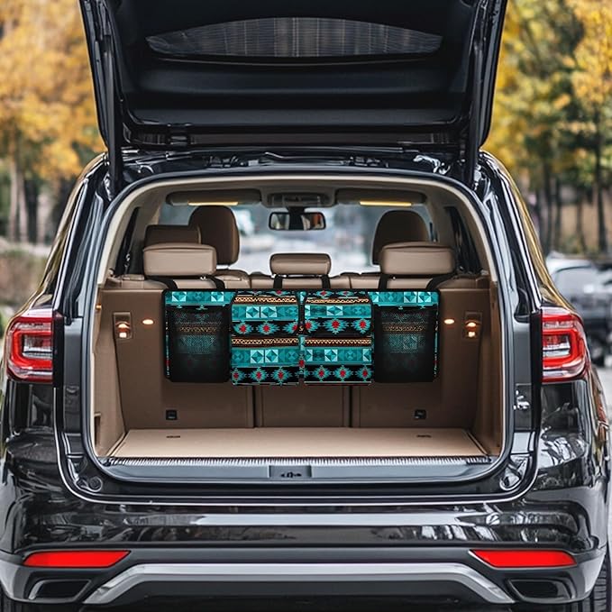CLOHOMIN Aztec Ethnic Gemoetric Car Trunk Organizer for Sedan Truck SUV Van Blue Back Seat Storage with 4 Pockets Hanging Car Cargo Trunk Storage Organizer Bag