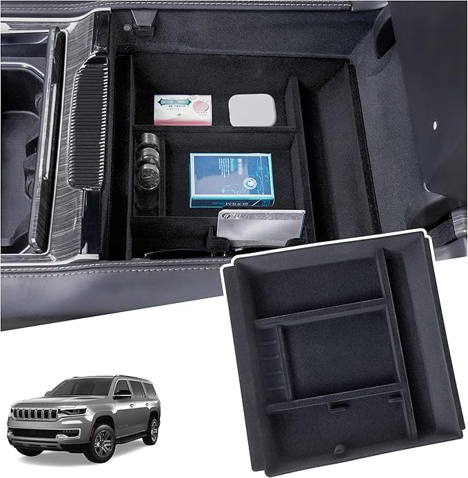 Sinminou Center Console Organizer Compatible with 2022-2025 Jeep Wagoneer/L, 2022-2025 Jeep Grand Wagoneer/L Accessories, Flocking Armrest Storage Box with Coin Compartment