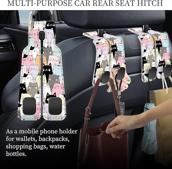 AXRQLSU PU Leather Car Seat Hook, Storage Headrest Hanger, Cute Car Backseat Organizer, Car Hooks for Purses and Bags Multicolor Cat
