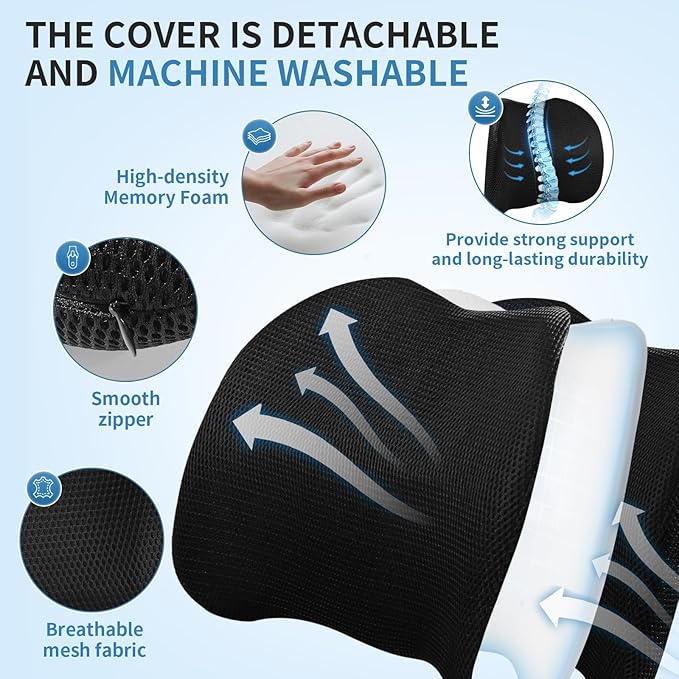 Dijialun Lumbar Support Pillow for Car, Memory Foam Back Support Lumbar Pillow for Car, Gaming, Office Chair, Ergonomic for Lower Back Pain Relief, Softness Breathable Removable Mesh Cover, Black