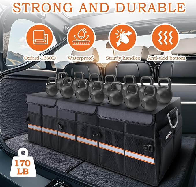 Heavy-Duty Extra Large 100L Premium Foldable Car Trunk Organizer with Lid + 26L Cooler Bag, Waterproof Robust Durable 1680D Oxford & Multi-Compartment Collapsible for SUV, Truck, Van, Sedan (Black)