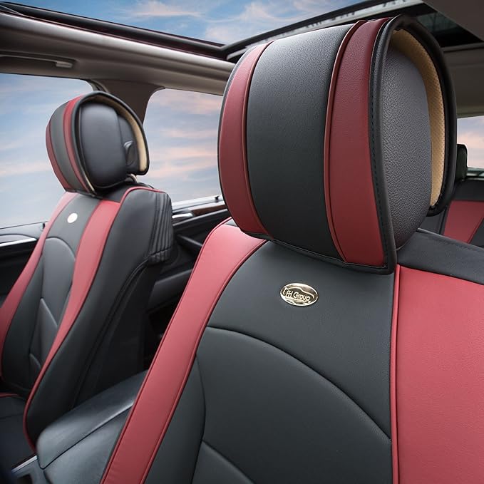 FH GROUP Front Set Faux Leather Car Seat Cover Cushions for Low Back Seat, Universal Fit, Airbag Compatible Seat Cover for SUV, Sedan, Van, Burgundy