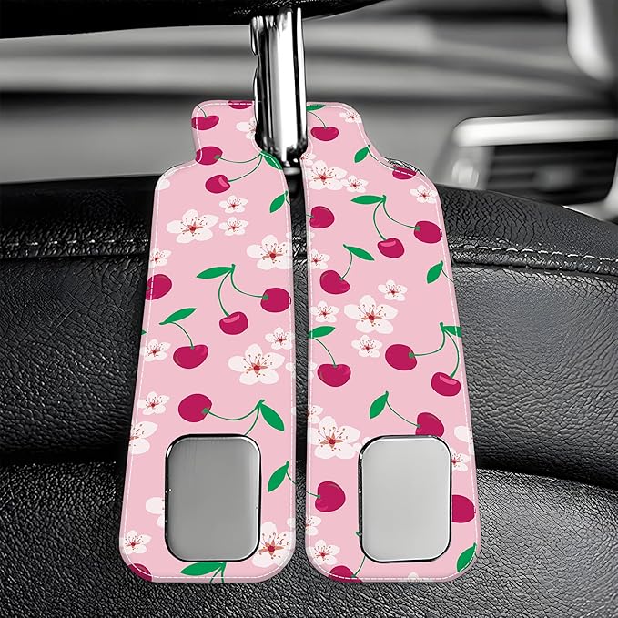 AEWNUNK Car Headrest Purse Hanger Cute Floral and Pink Cherries 1 Pack Bag Purse Holder for Car Premium Leather Double Metal Hook for Handbags, Grocery Bags and Phones