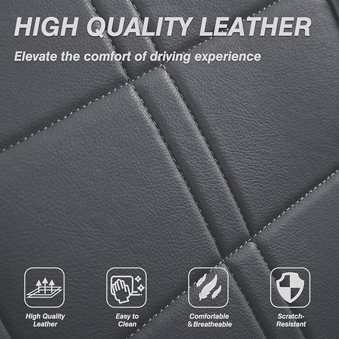 crossmiles Faux Leather Car Seat Covers Full Set, Foam Seat Cover for Car, Universal Car Seat Protector with Waterproof and Breath Fit for Cars, Trucks, SUV, Vans (Grey Square)