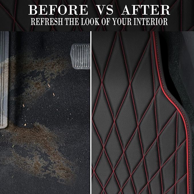 CAR PASS Faux Leather Floor Mats for Cars, Luxury Waterproof All Weather Car Mats Full Set, Anti-Slip Deluxe Automotive Mats Universal Fit for Most SUV Vans Sedans Trucks, 4 Piece Black and Red