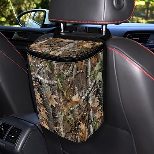 Talayituse Hunting Camo Forest Leaves Print Car Trash Can with Lid, Leak Proof Auto Trash Bag Hanging Vehicle Garbage Can Multipurpose Storage Container for Back Seat Road Trip