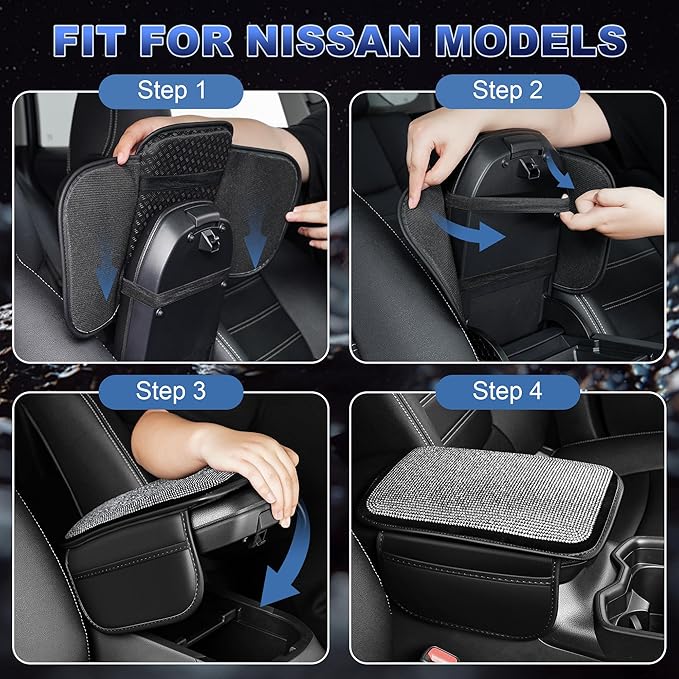 NUWQICD Bling Center Console Cover Fit for Nissan Altima 1993-2025: Crystal Rhinestone Automotive Armrest Cushion-Stylish Diamond Arm Rest Protection Mat(Black)